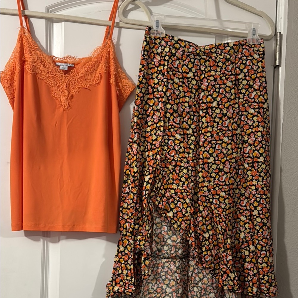 Amisu Orange Camisole with Lace Trim